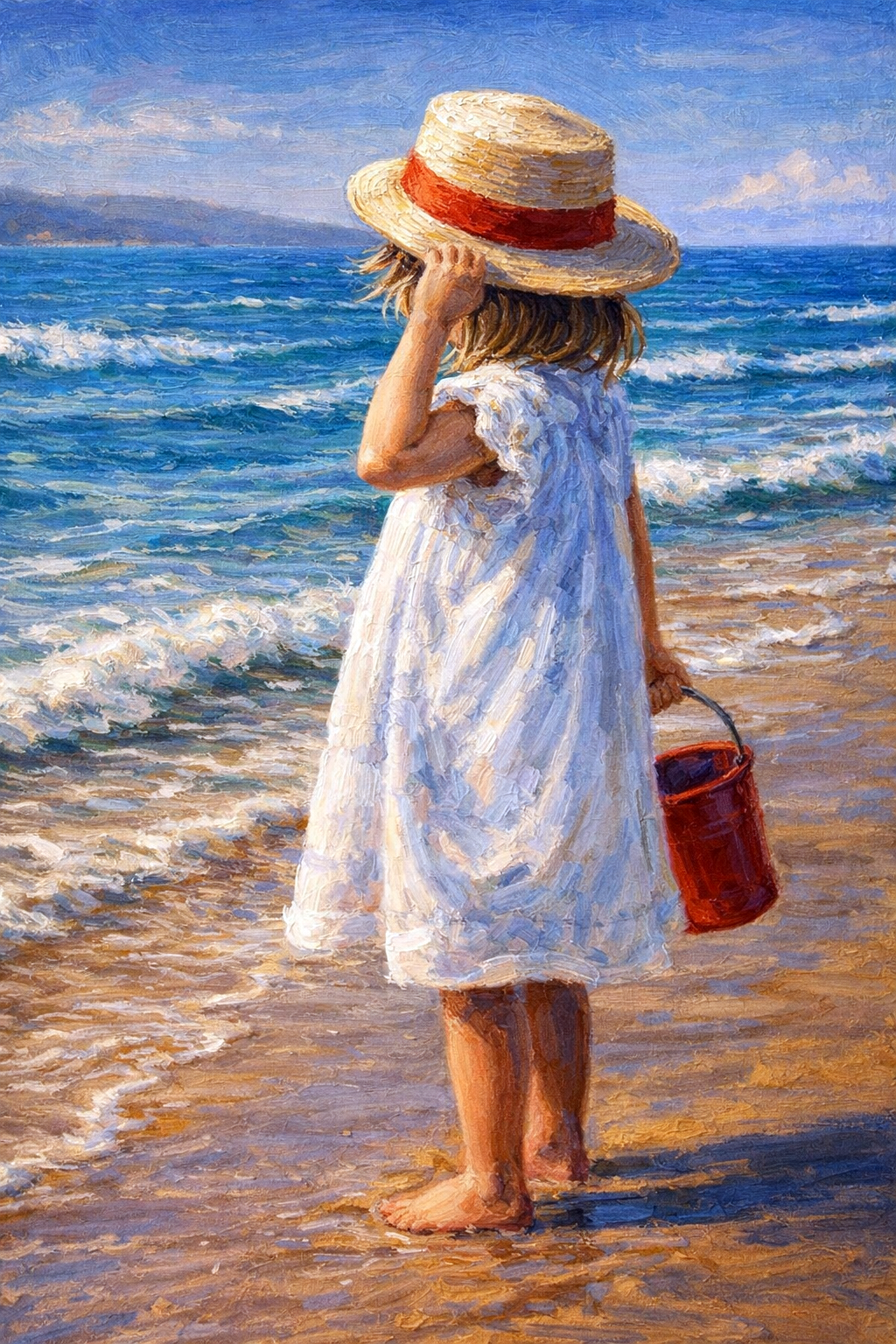 Schilderachtig beeld van een meisje in witte jurk met strohoed aan zee en rood emmertje