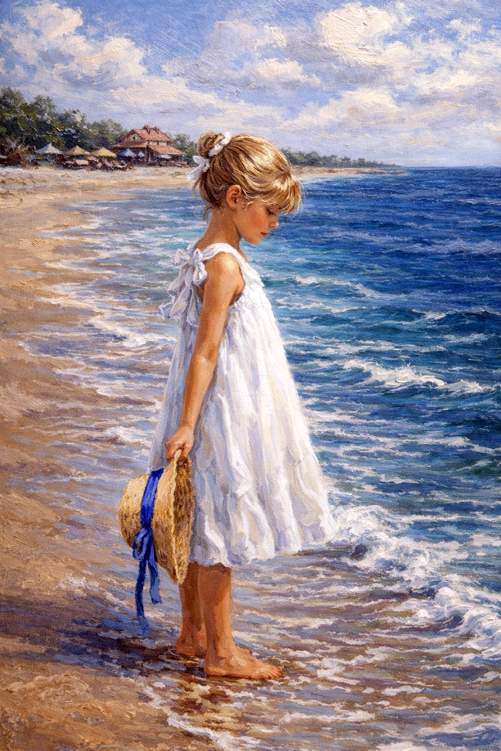 Schilderachtig beeld van een meisje in witte jurk aan zee met strohoed in de hand