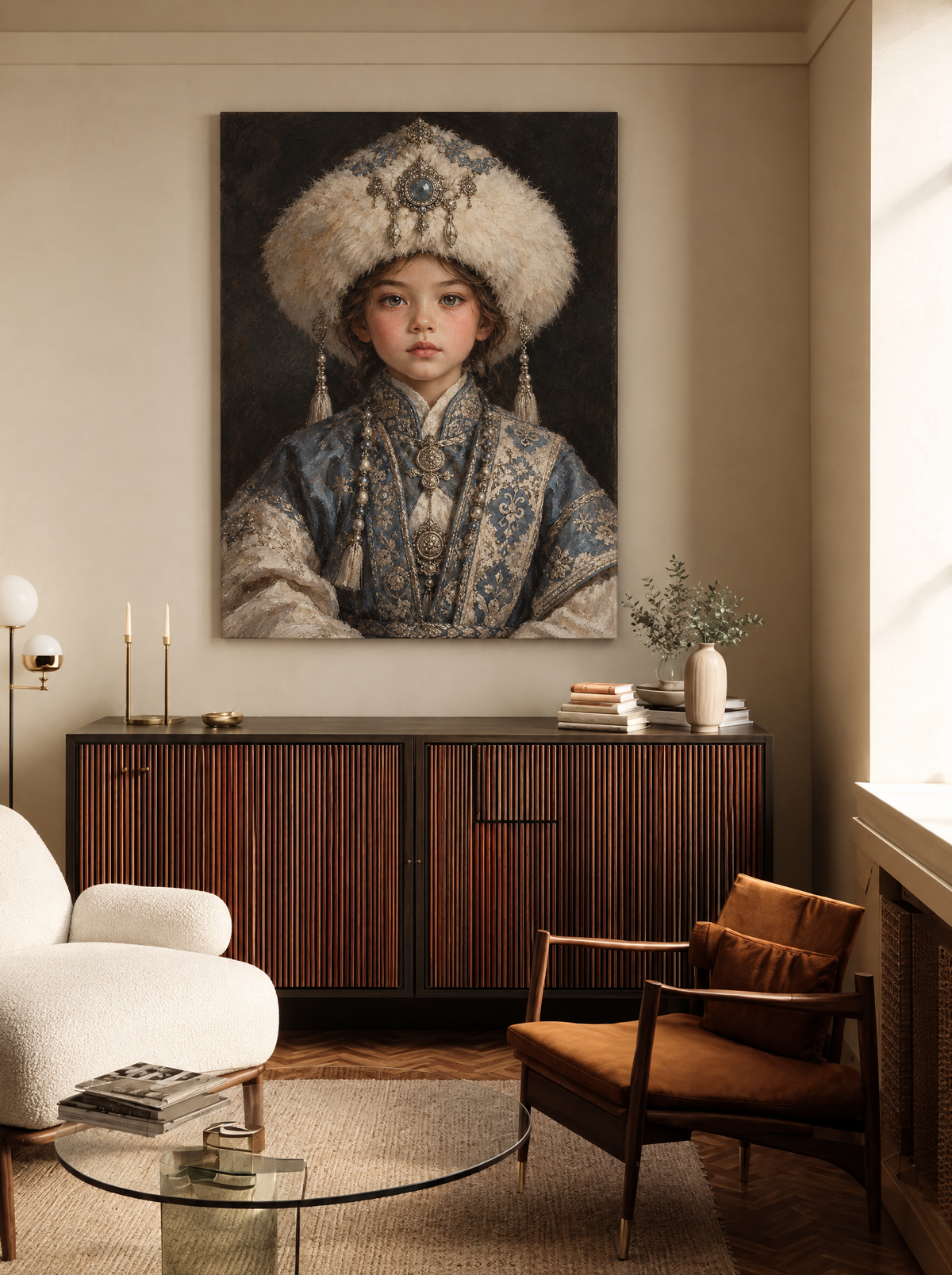 Meisje in Blauw Brokaat als canvas zonder lijst aan de muur