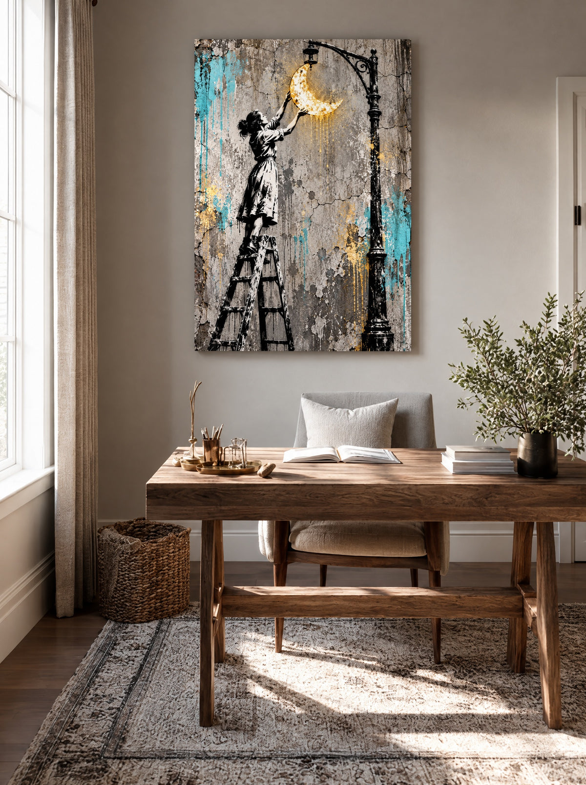Meisje dat de Maan Ophangt als canvas zonder lijst aan de muur