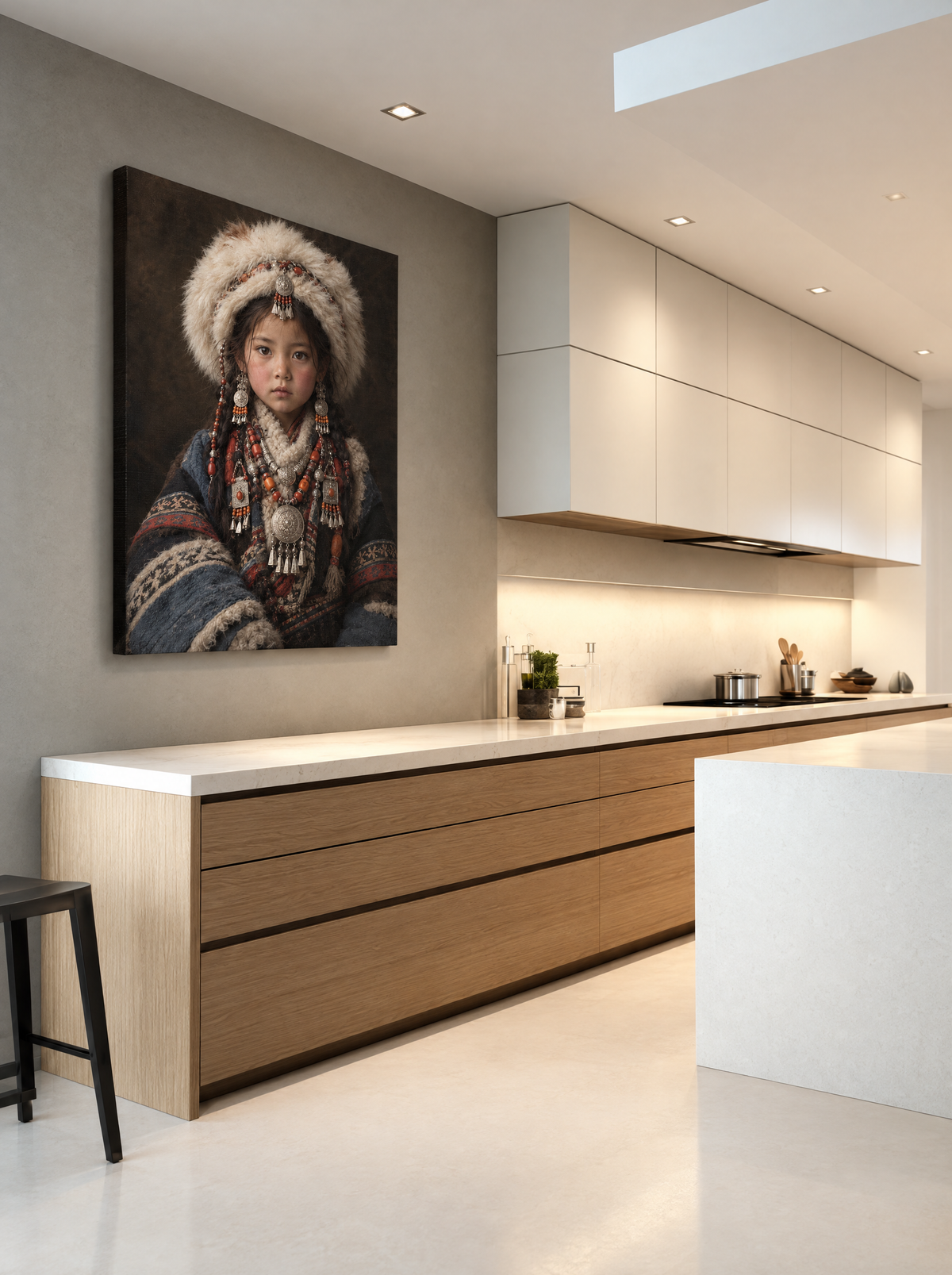 Meisje met Bontmuts en Zilversieraden als canvas zonder lijst aan de muur