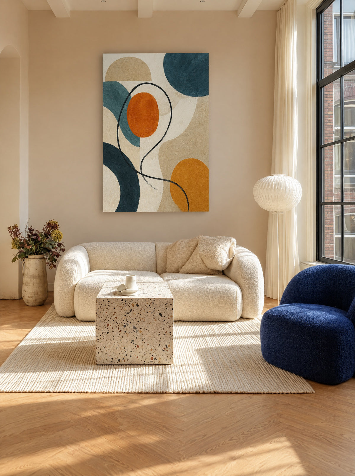 Mid-Century Vormenspel in Teal en Oker als canvas zonder lijst aan de muur