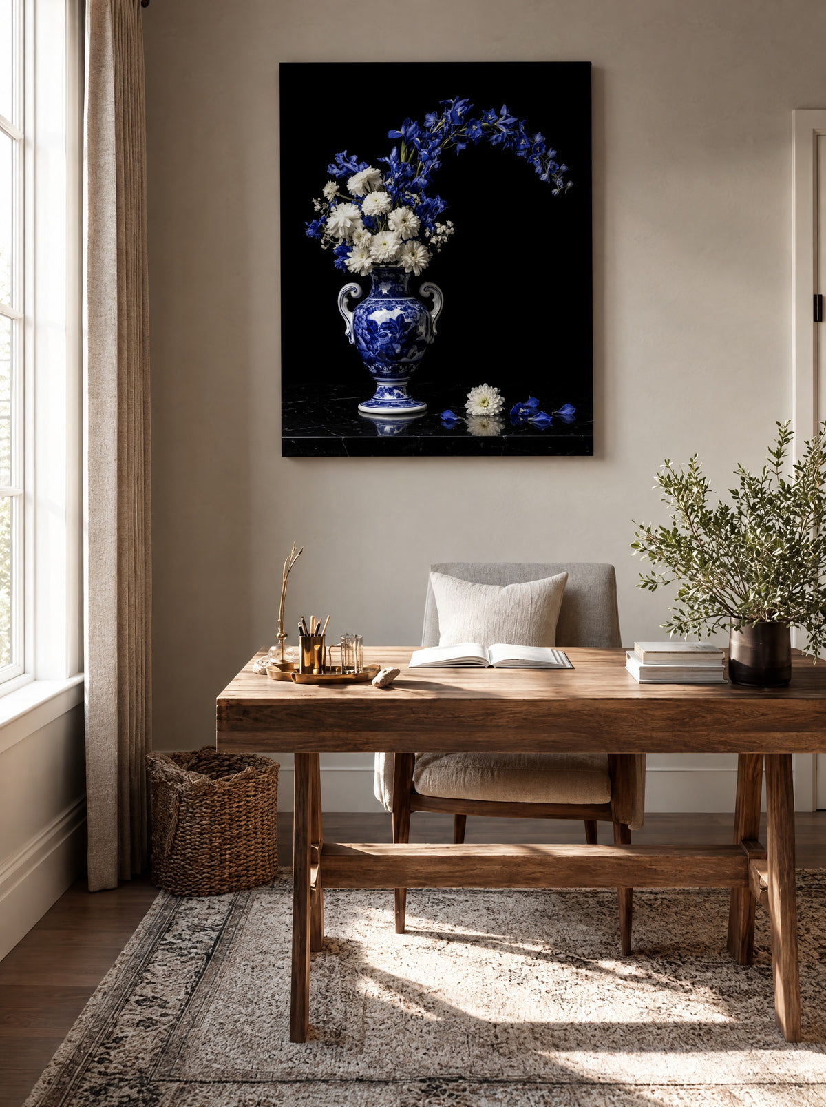 Middernachtbloei in Delfts Blauw als canvas zonder lijst aan de muur
