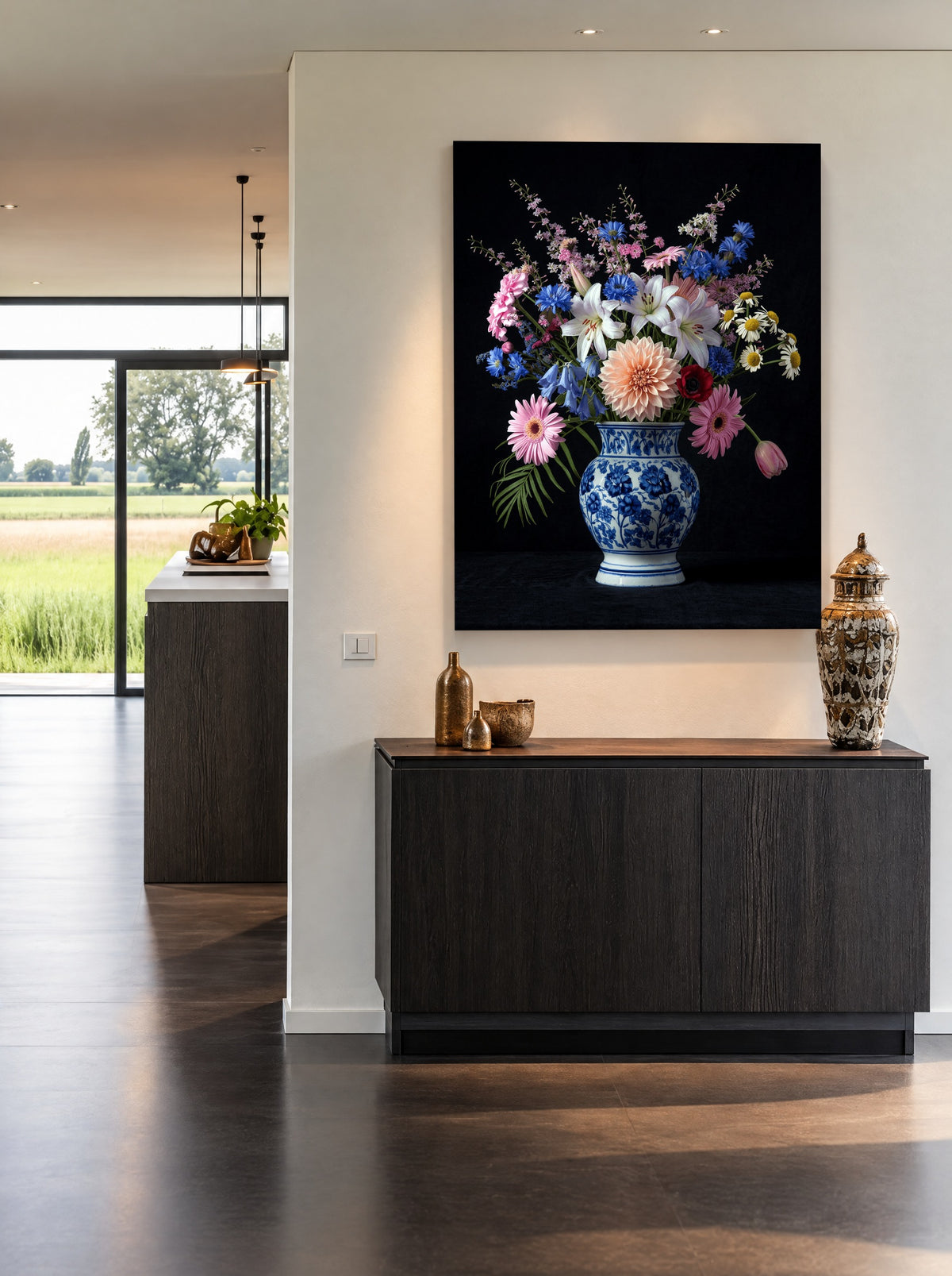 Middernachtboeket in Delfts Blauw als canvas zonder lijst aan de muur