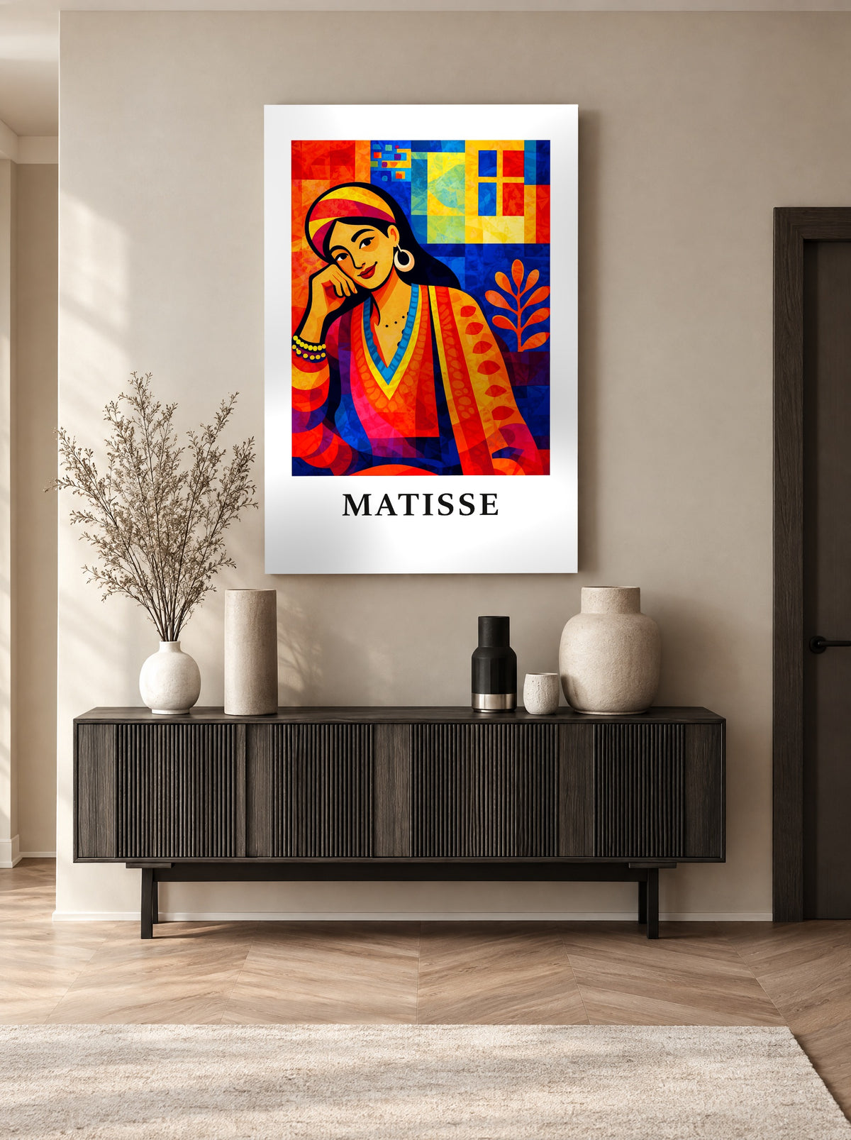 Middernachtmeisje met Gouden Glimlach als canvas zonder lijst aan de muur