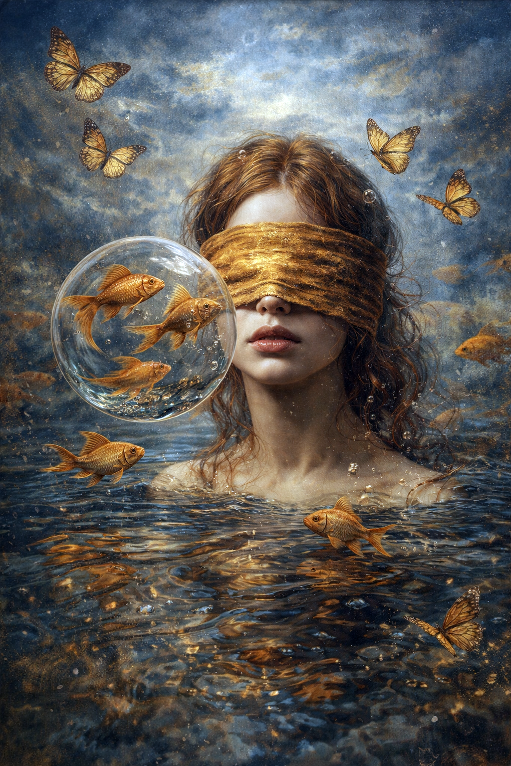 Minimalistisch vrouwelijk portret met blinddoek en vissen