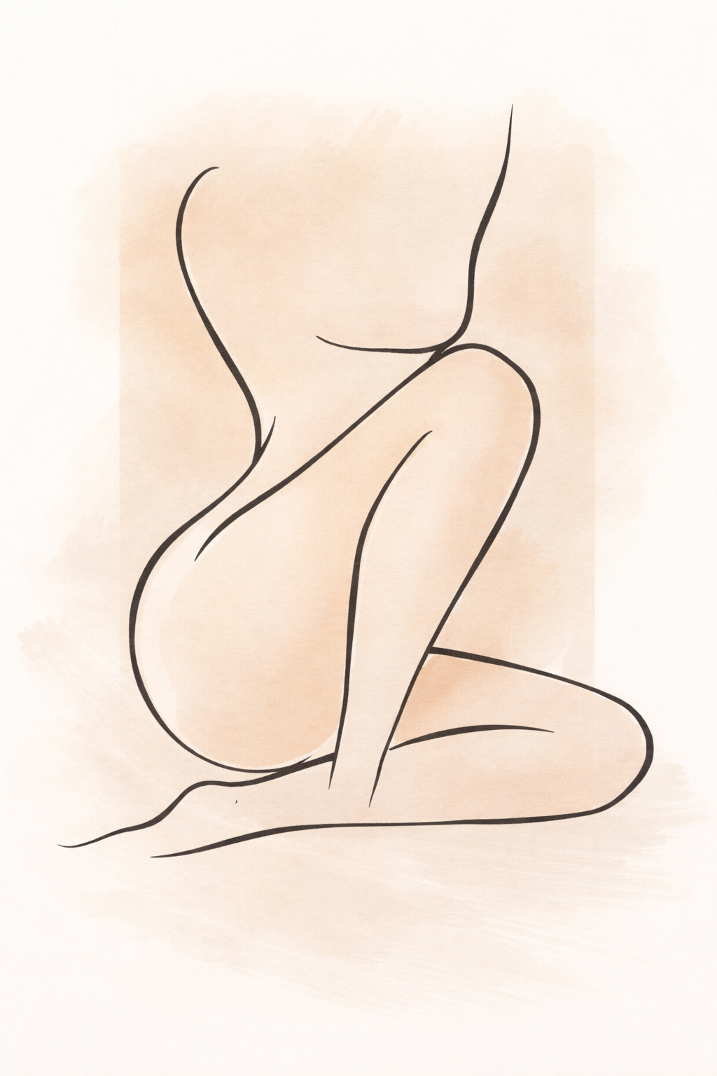 Minimalistische lijntekening van een zittende vrouw op zachte beige achtergrond