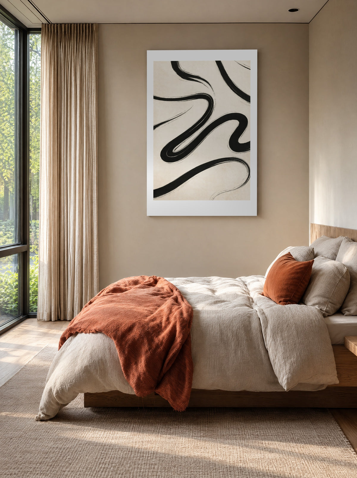 Minimalistische Zen Lijnen in Zwart-Wit als canvas zonder lijst aan de muur