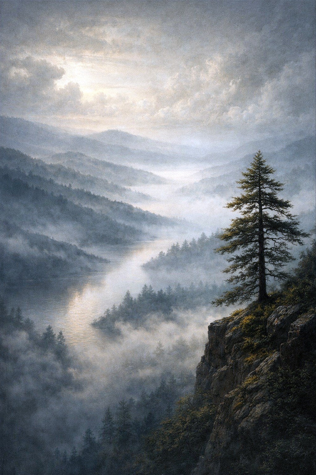 Schilderachtig mistig berglandschap met rivierdal en eenzame boom op een rots