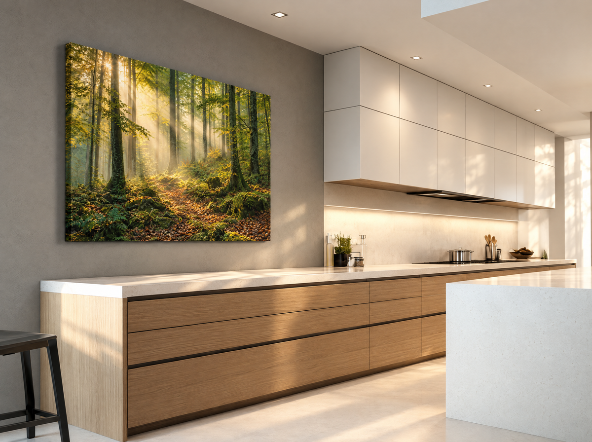 Mistig Bos met Zonnestralen als canvas zonder lijst aan de muur