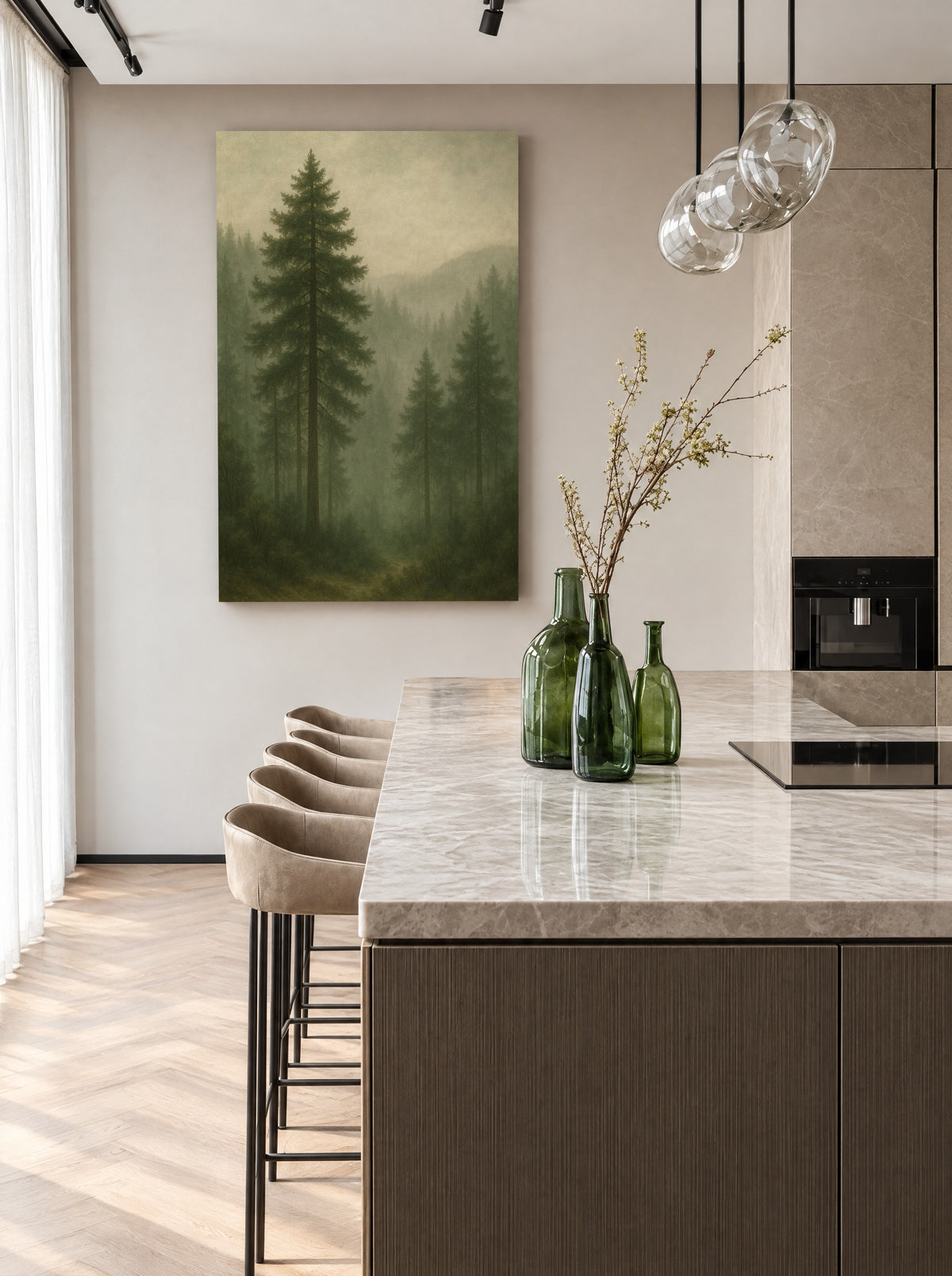 Mistig Dennenbos in de Ochtend als canvas zonder lijst aan de muur