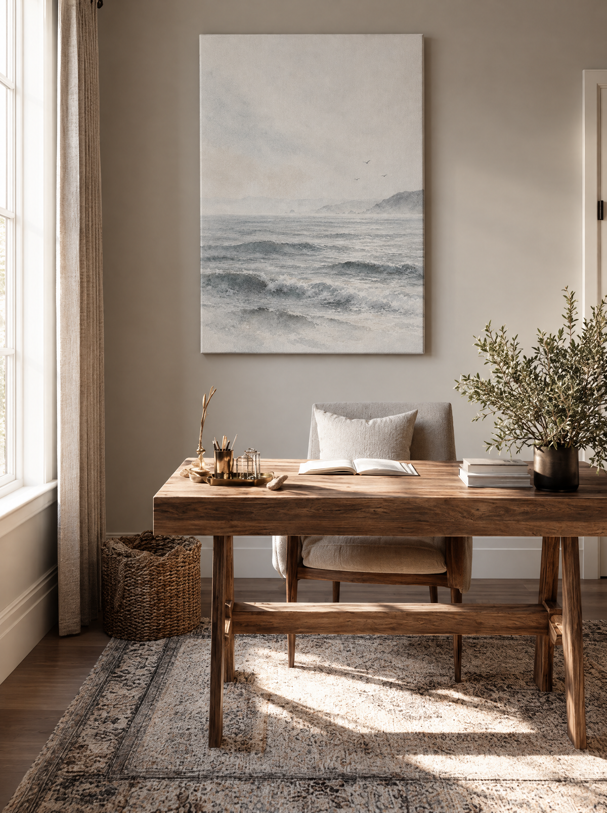 Mistige Zee met Meeuwen als canvas zonder lijst aan de muur