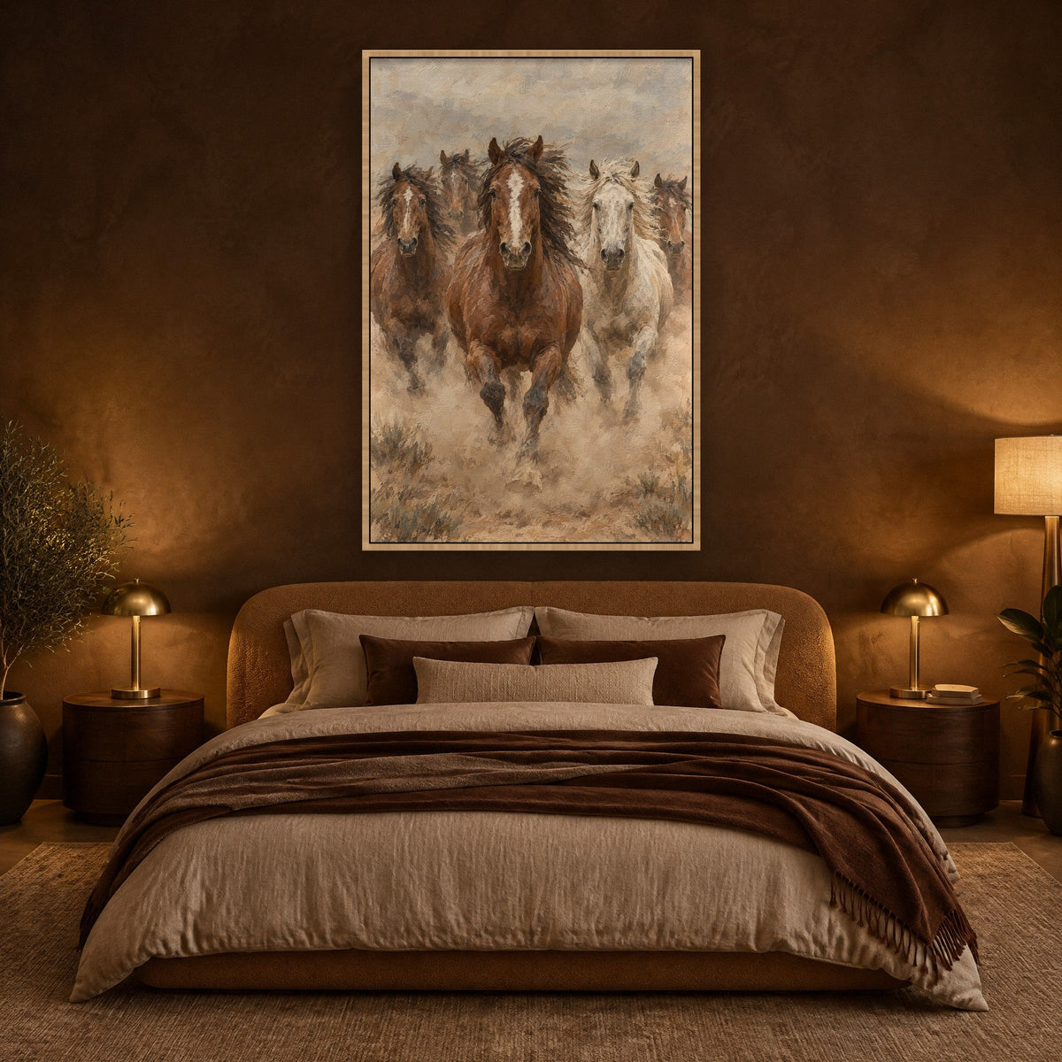 Herde Wildpferde im Staub Wandbild mit Naturholzrahmen an der Wand im Schlafzimmer