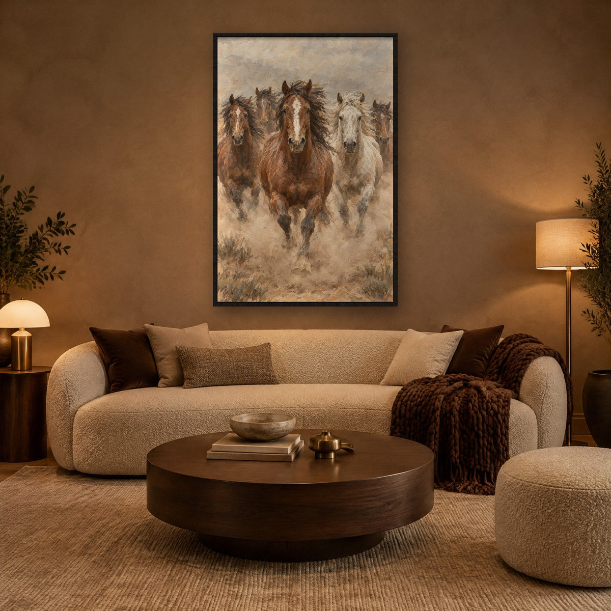 Herde Wildpferde im Staub Wandbild mit schwarzem Rahmen an der Wand im Wohnzimmer
