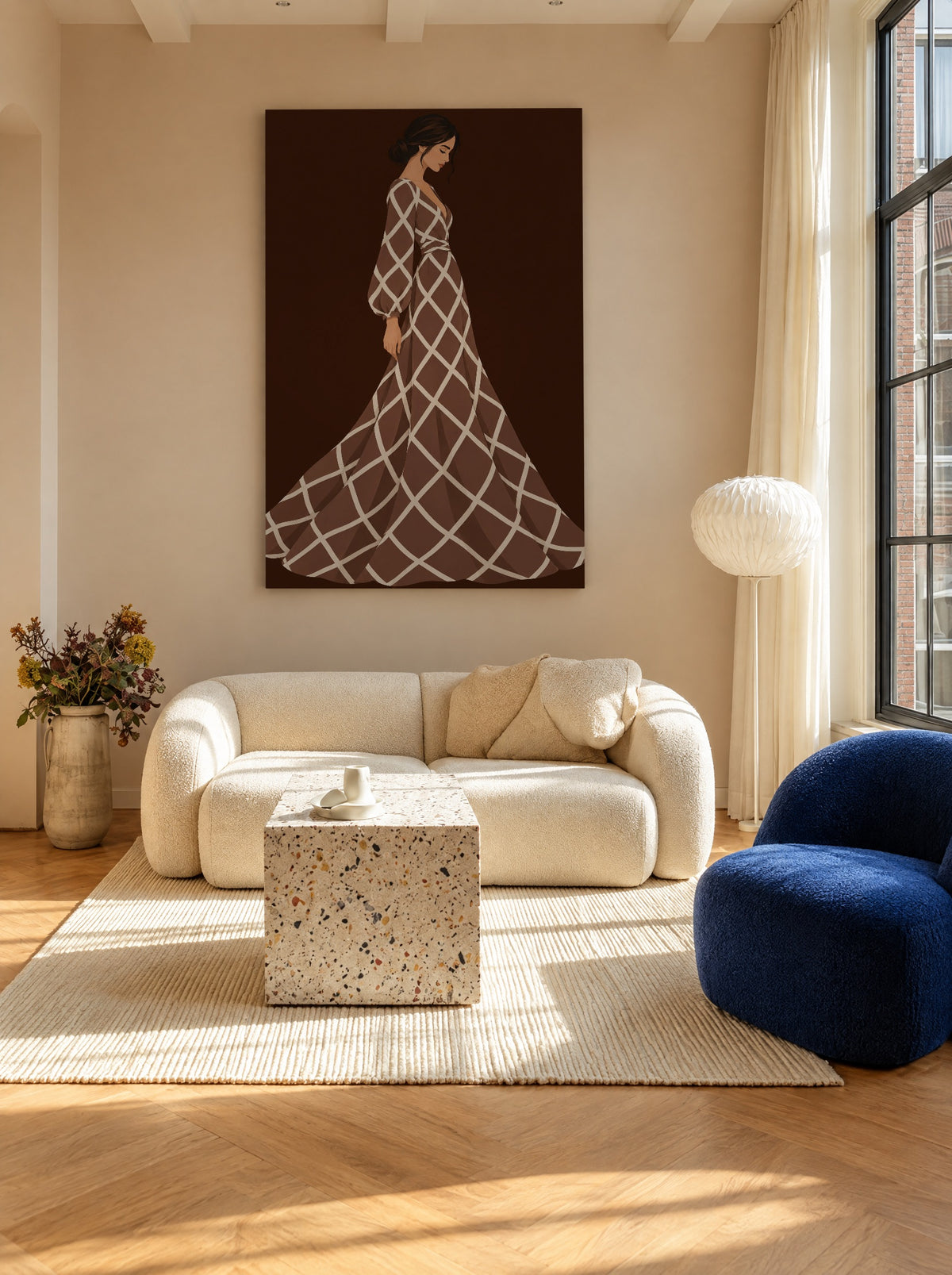 Mokkajurk met Ruitpatroon als canvas zonder lijst aan de muur