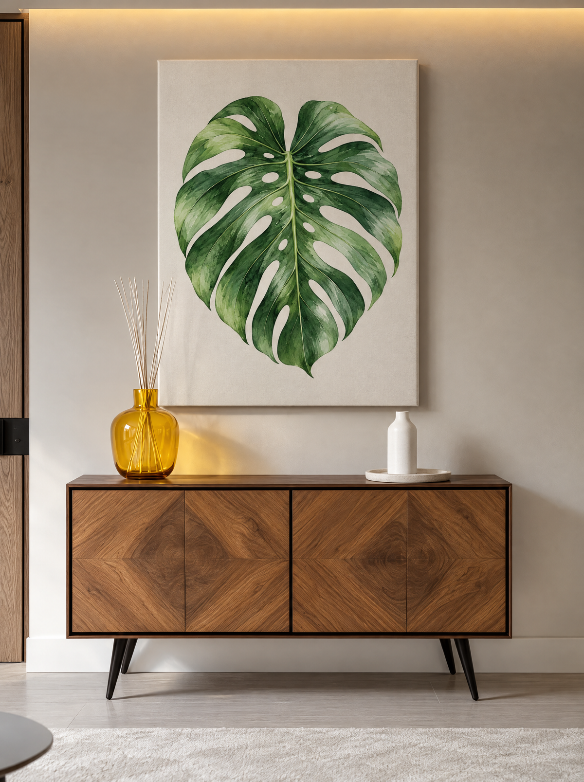Monsterablad in Groene Aquarel als canvas zonder lijst aan de muur