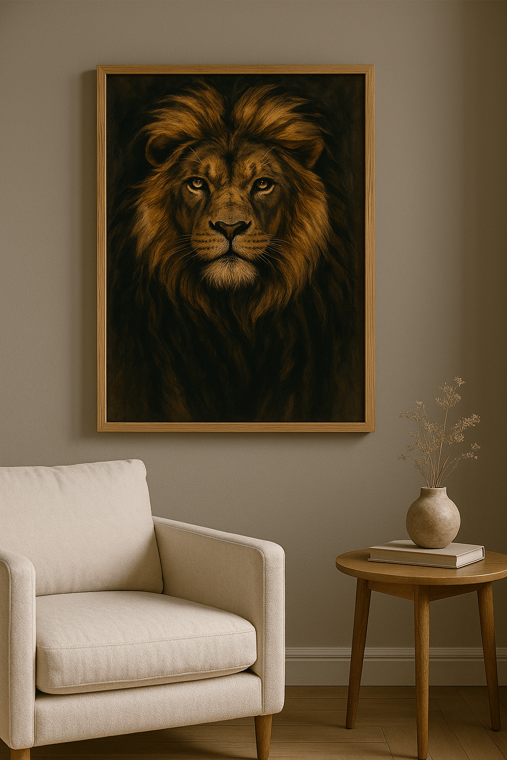 Leeuw wanddecoratie met eiken lijst in woonkamer