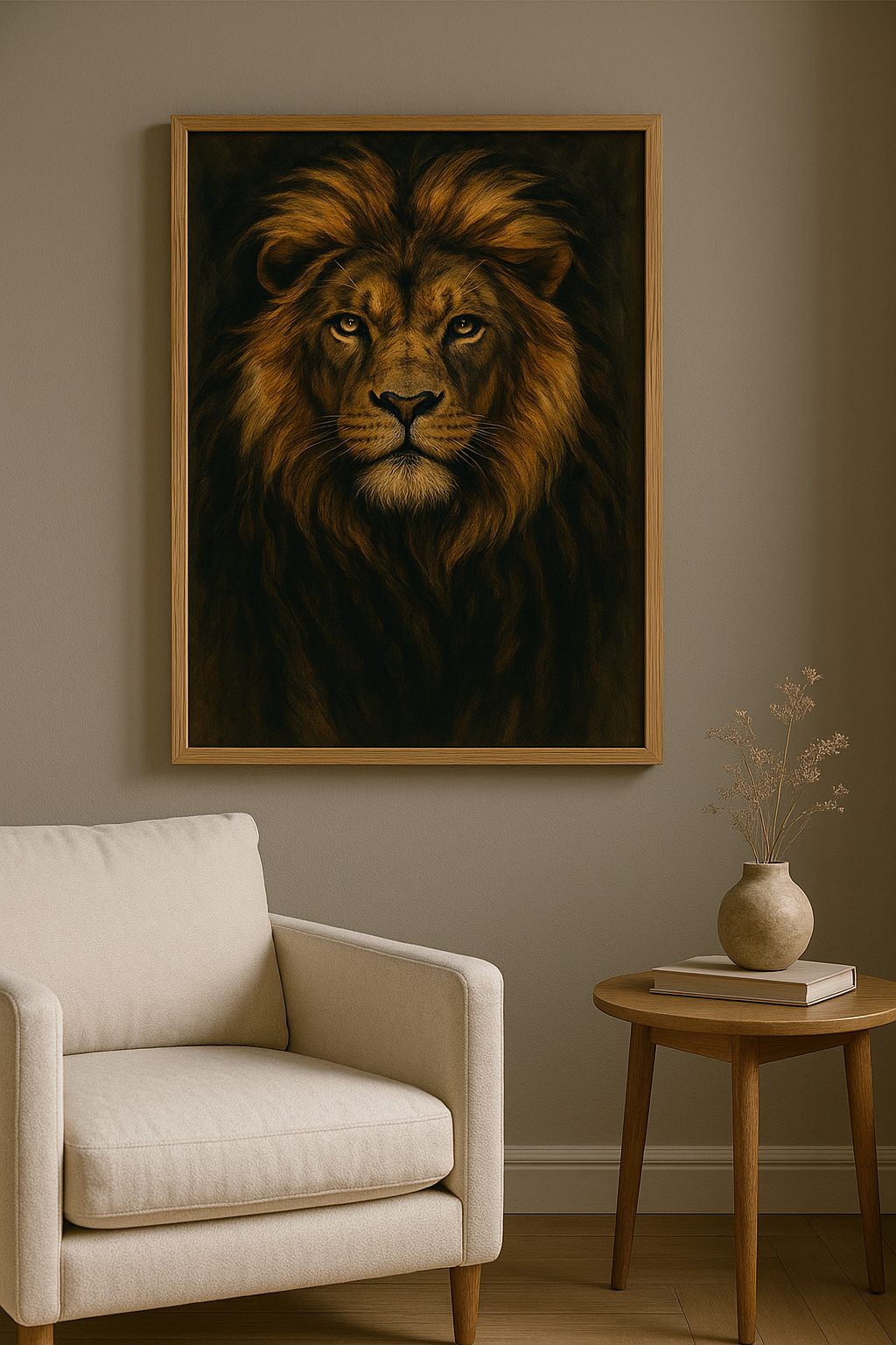 Leeuw wanddecoratie met eiken lijst in woonkamer