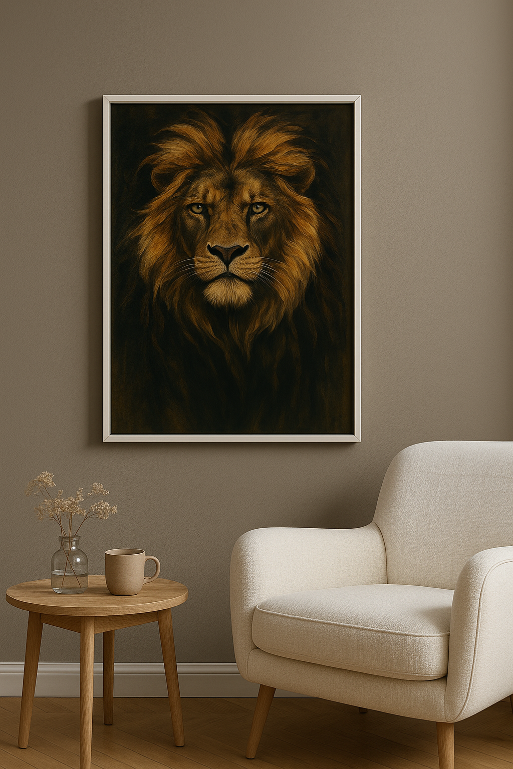 Leeuw wanddecoratie met witte lijst in woonkamer