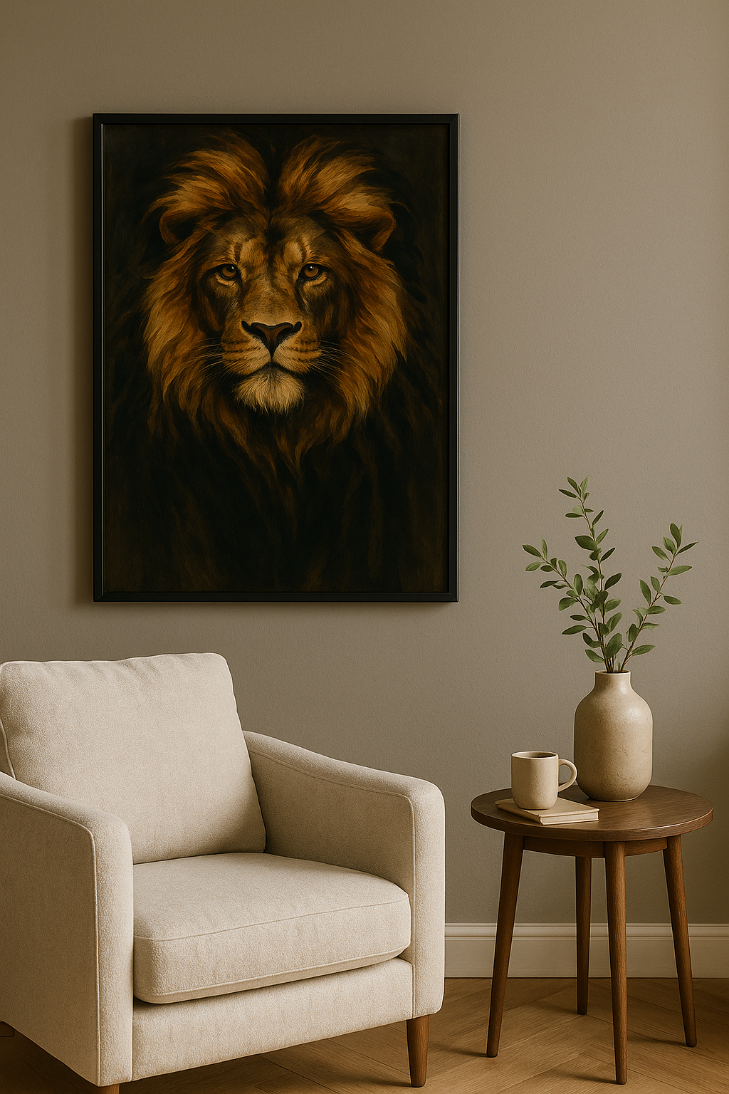 Leeuw wanddecoratie met zwarte lijst in woonkamer