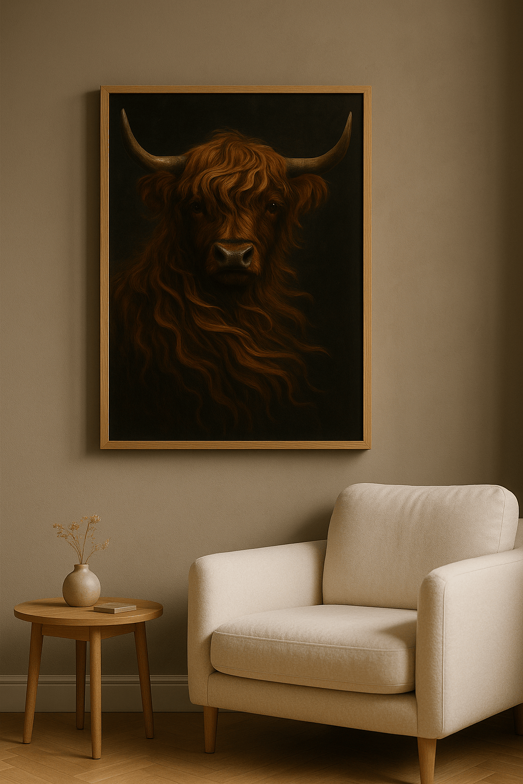 Hooglander wanddecoratie met eiken lijst in woonkamer