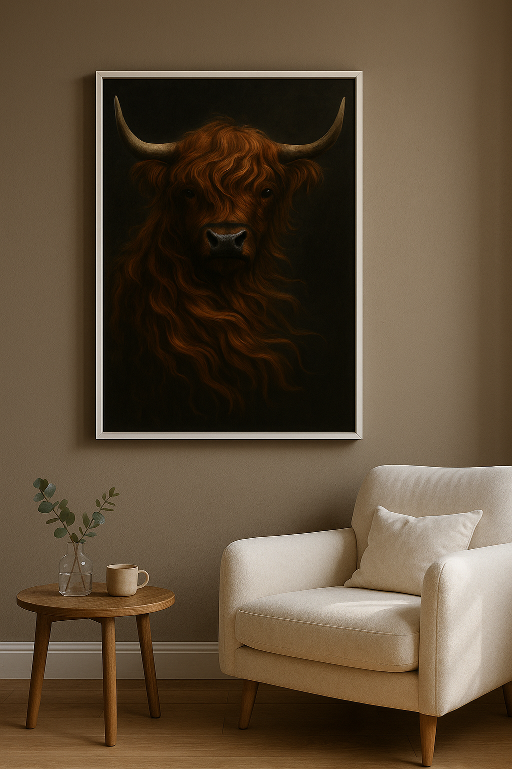 Hooglander wanddecoratie met witte lijst in woonkamer
