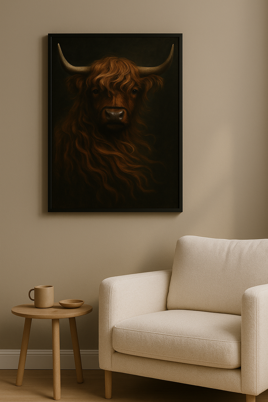 Hooglander wanddecoratie met zwarte lijst in woonkamer
