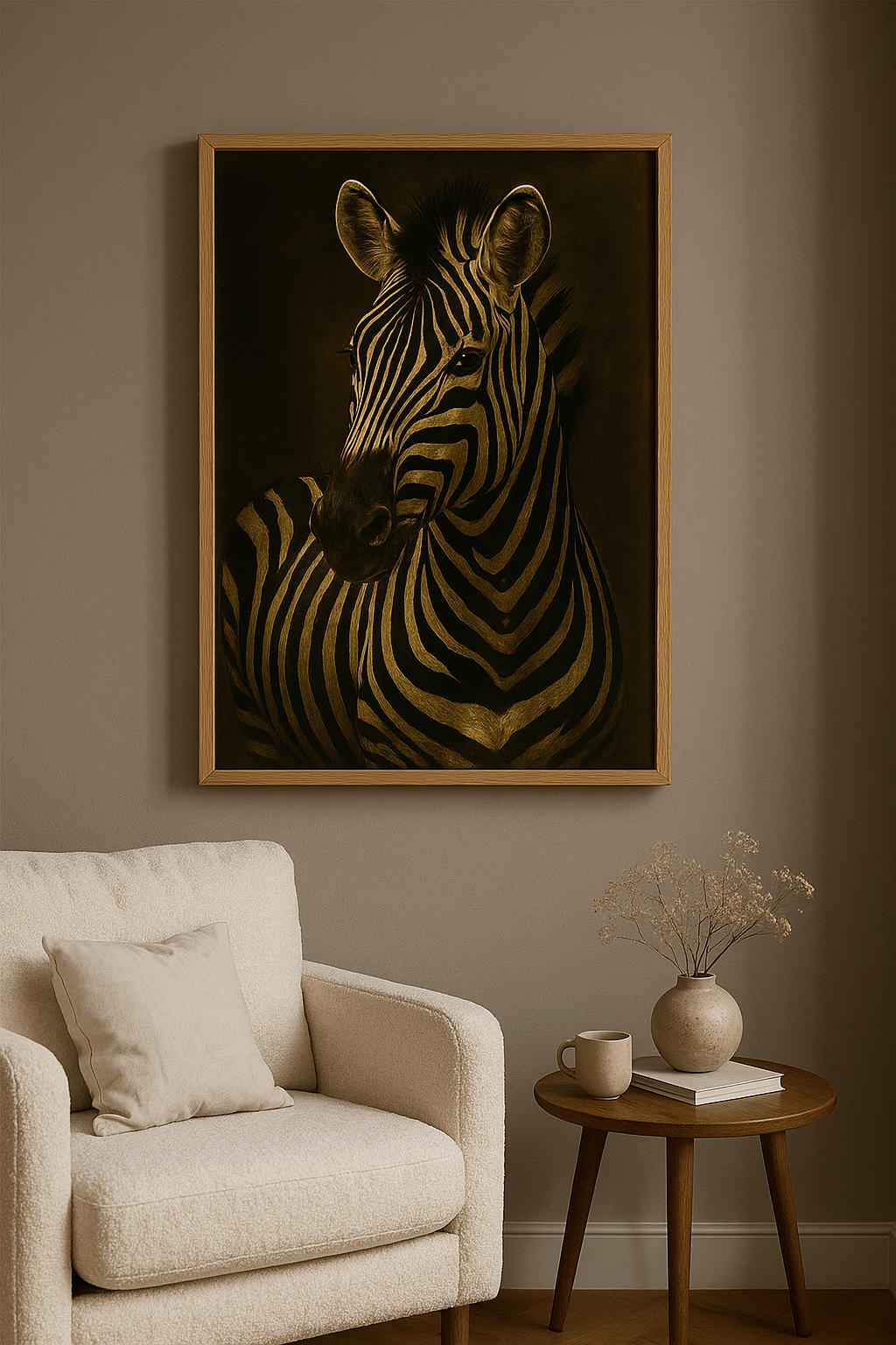 Zebra wanddecoratie met eiken lijst in woonkamer