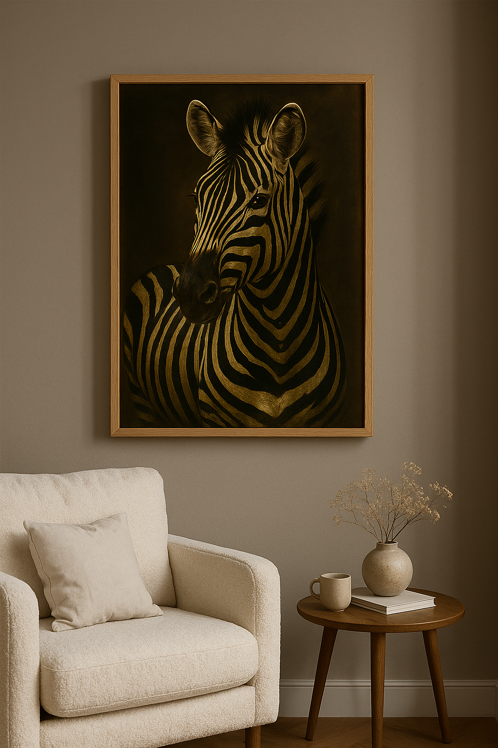 Zebra wanddecoratie met eiken lijst in woonkamer