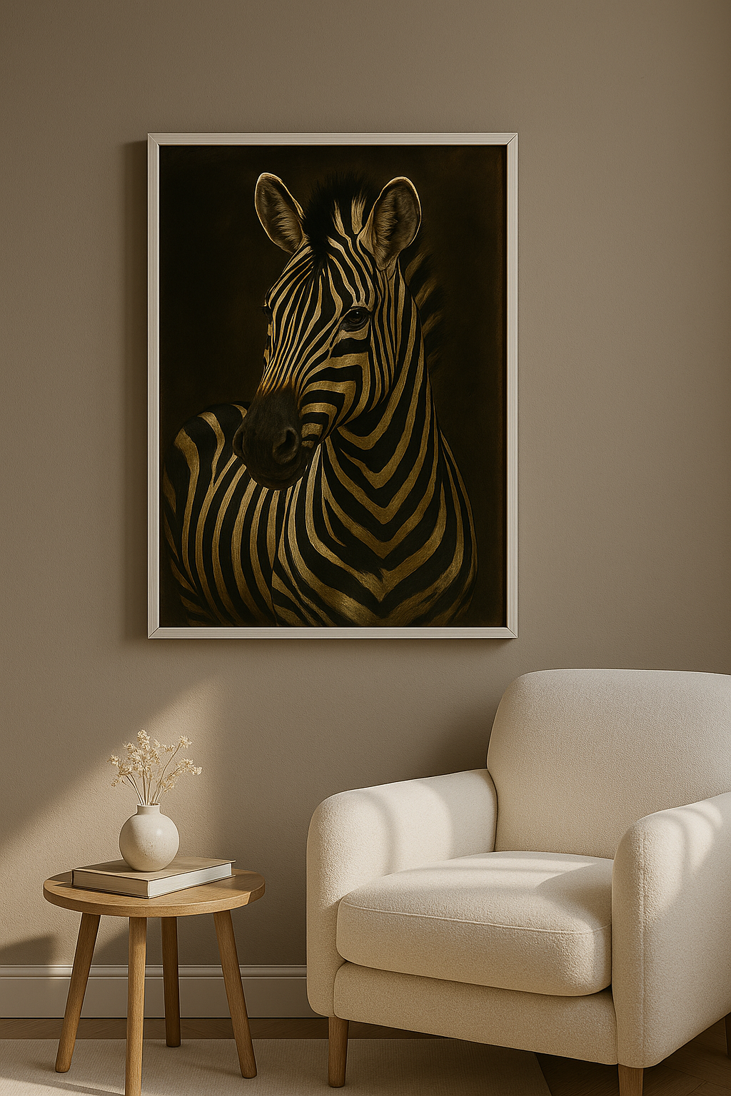 Zebra wanddecoratie met witte lijst in woonkamer