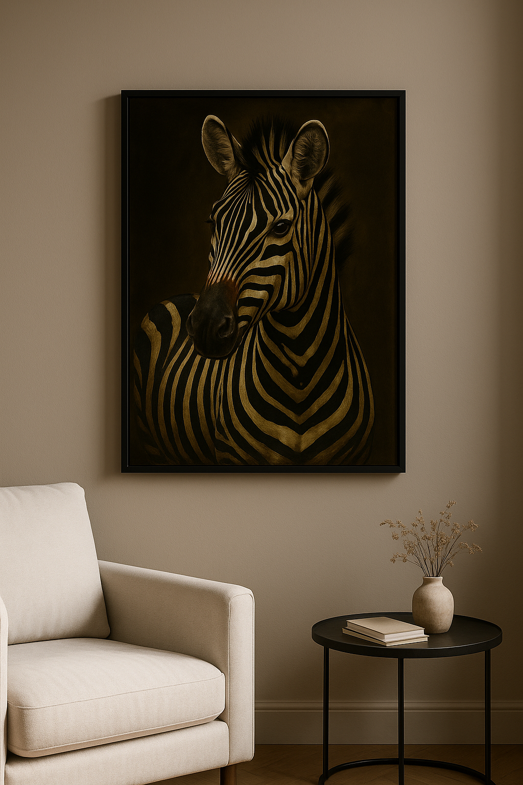 Zebra wanddecoratie met zwarte lijst in woonkamer