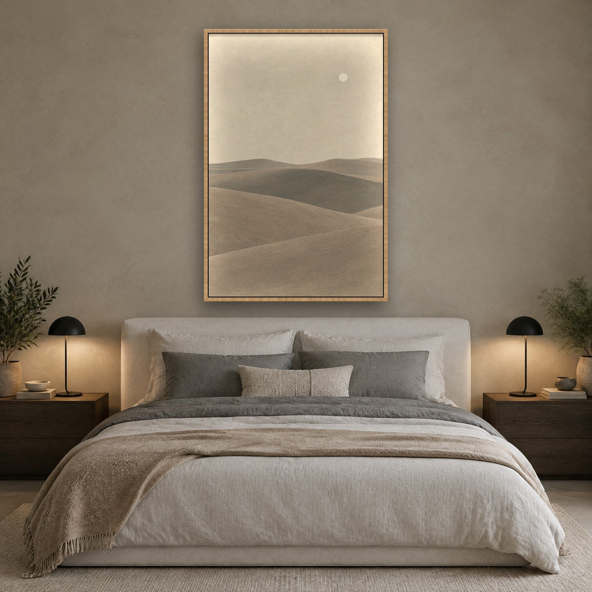 Dunes under a Small Moon wall art with natural wood frame on the wall in the bedroom