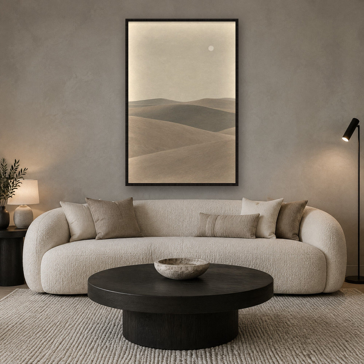 Dunes under a Small Moon wall art with black frame on the wall in the living room
