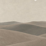 Painted dune landscape with rolling hills in taupe and sand under a small white moon