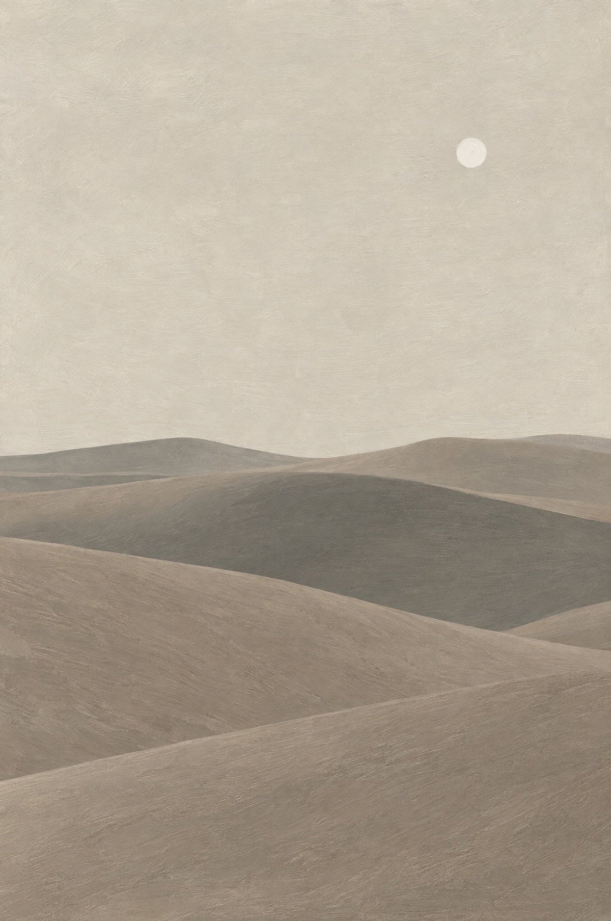 Painted dune landscape with rolling hills in taupe and sand under a small white moon