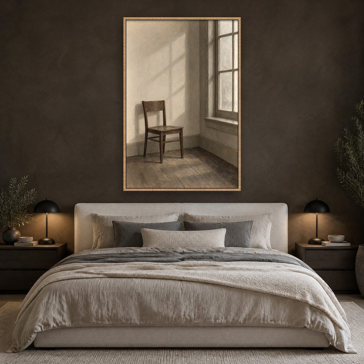 Holzstuhl im Morgenlicht Wandbild mit Naturholzrahmen an der Wand im Schlafzimmer