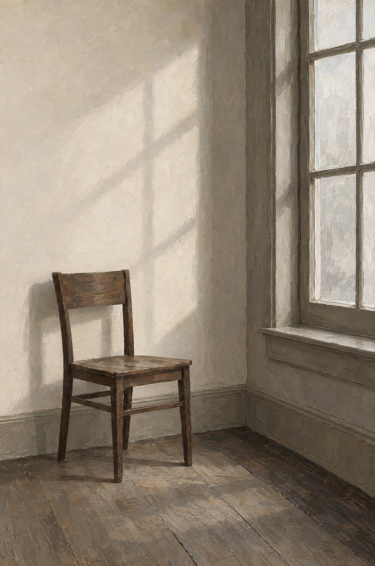 Gemalter Holzstuhl in einem leeren Raum mit Fensterschatten auf cremefarbener Wand und Holzboden
