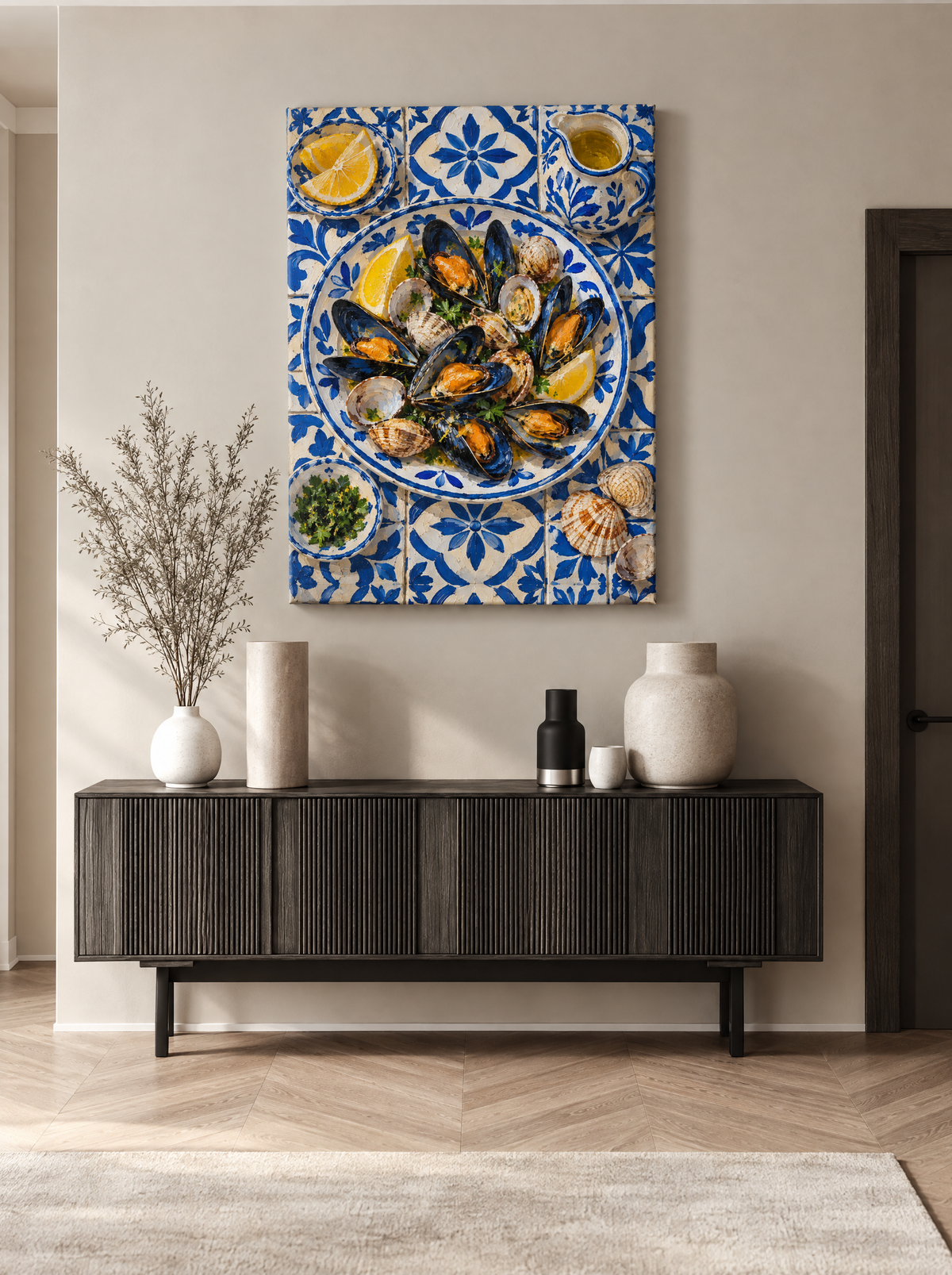Mosselen op Blauw Tegelwerk als canvas zonder lijst aan de muur