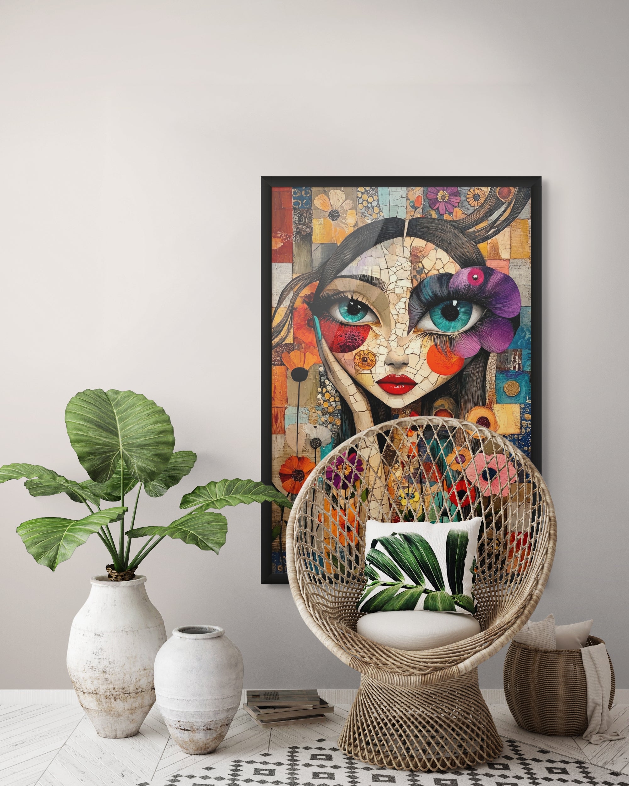 Mozaïekmeisje met Droomogen Wanddecoratie – Kleurrijk Portret Canvas Print