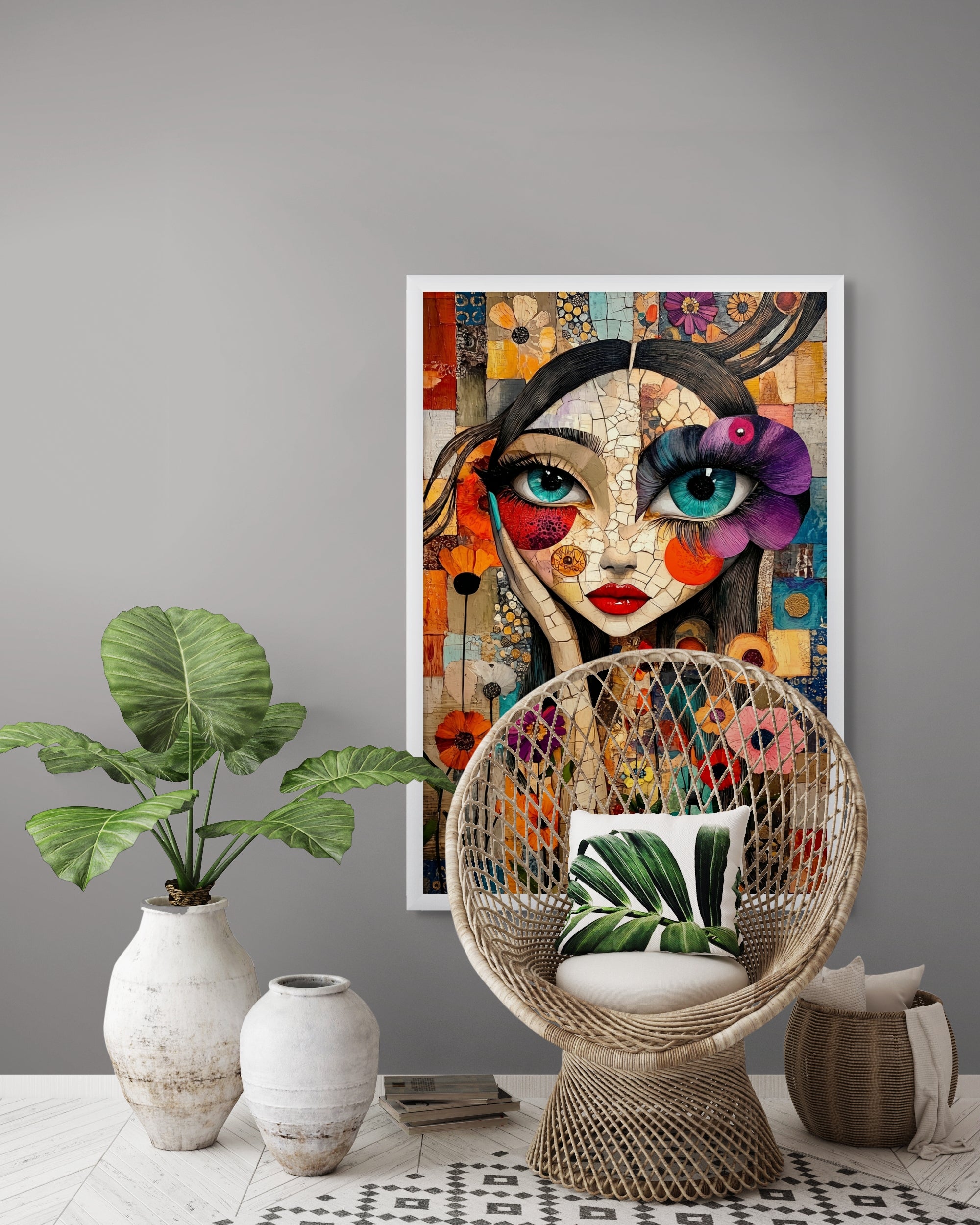 Mozaïekmeisje met Droomogen Wanddecoratie – Kleurrijk Portret Canvas Print