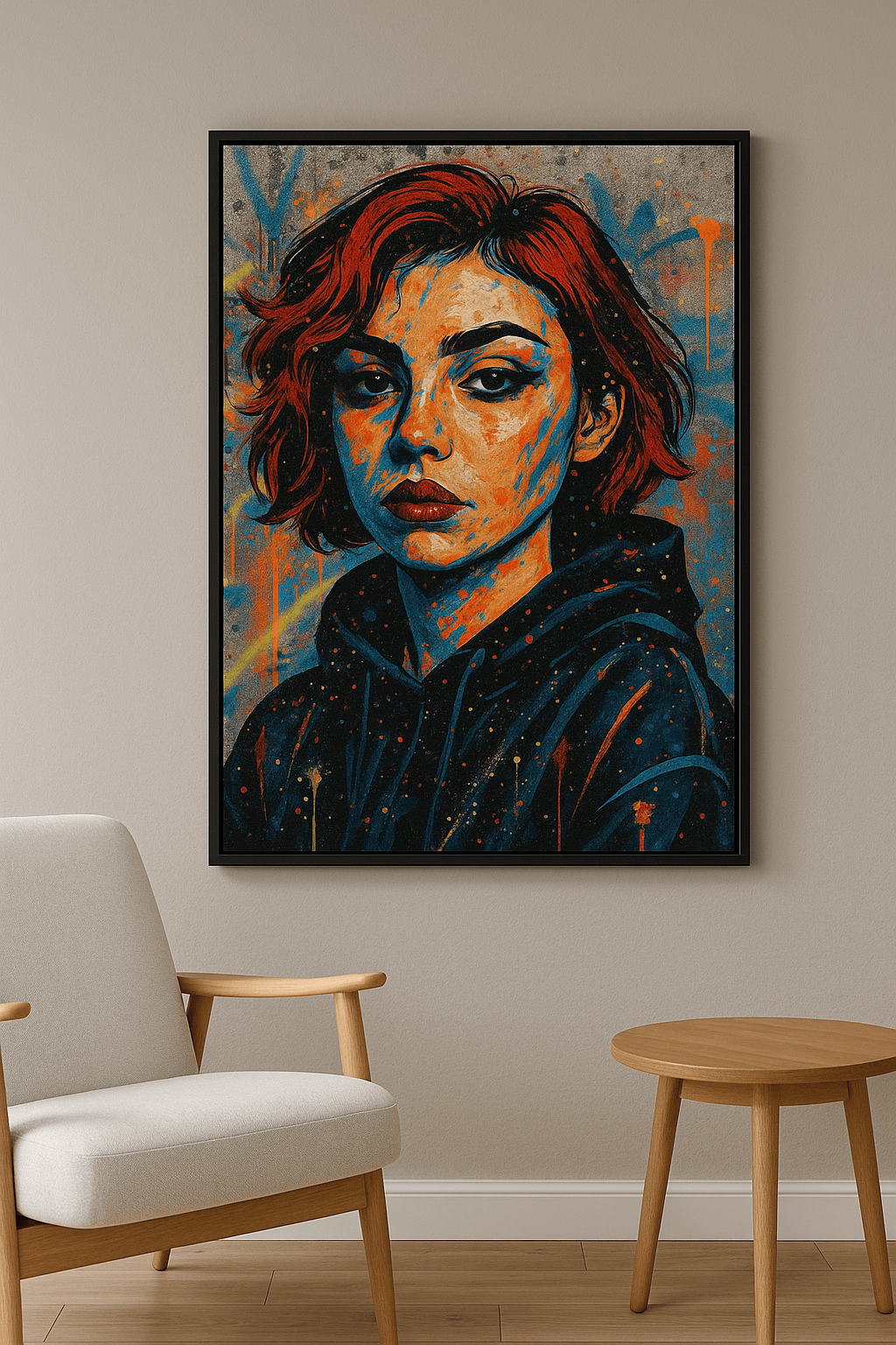 Neon Icon Unleashed wanddecoratie in interieur, zwarte lijst