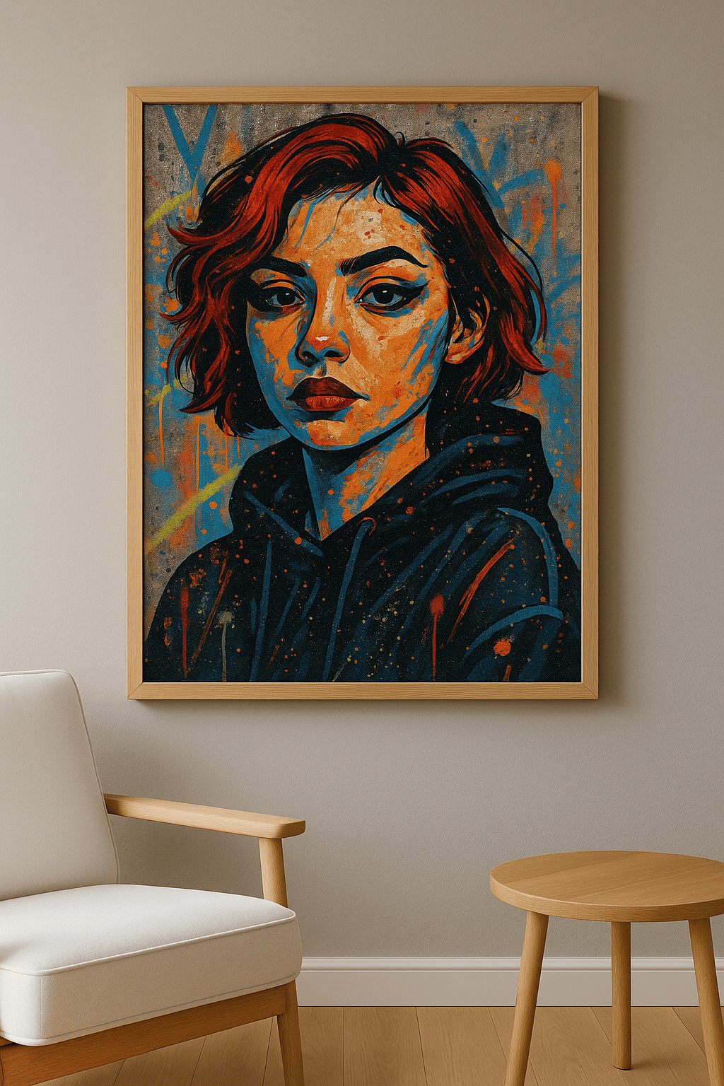 Neon Icon Unleashed wanddecoratie in interieur, eikenhouten lijst