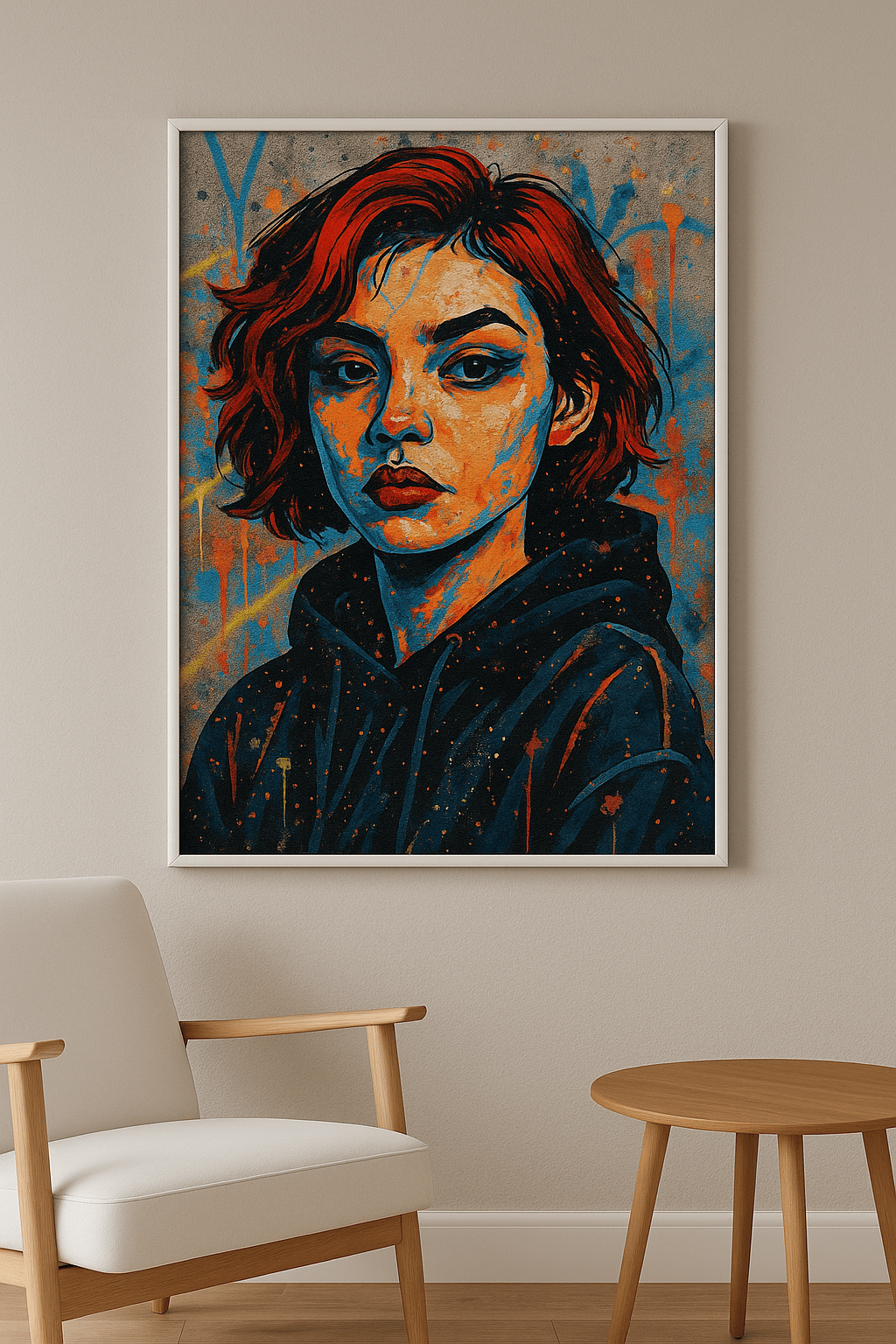 Neon Icon Unleashed wanddecoratie in interieur, witte lijst