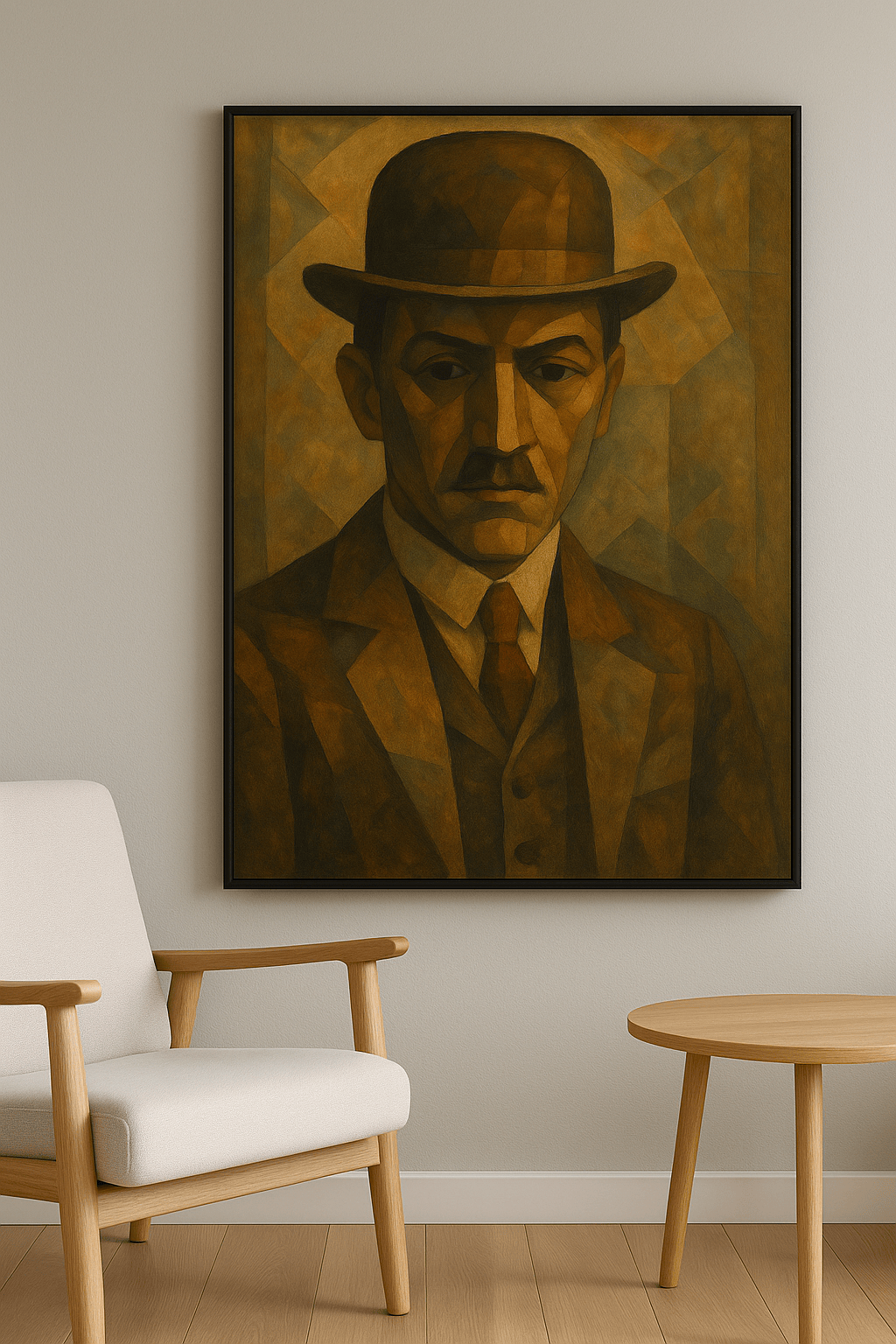 De Zwerver met Schaduwgrijns wanddecoratie in interieur, zwarte lijst