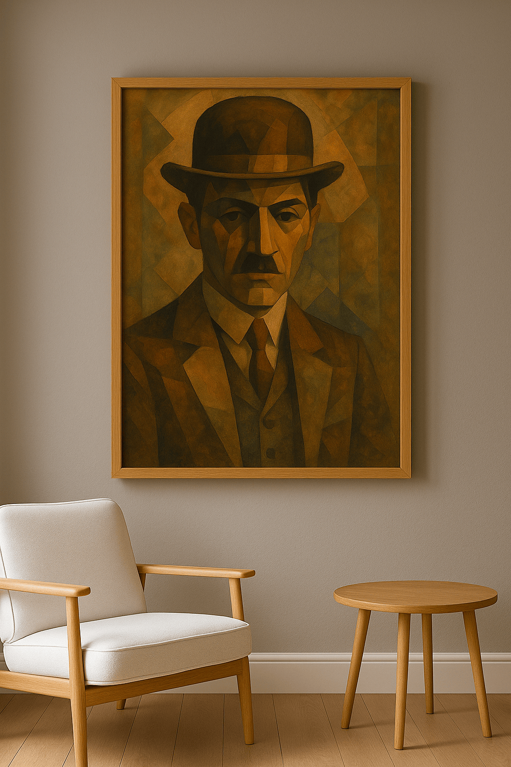 De Zwerver met Schaduwgrijns wanddecoratie in interieur, eikenhouten lijst
