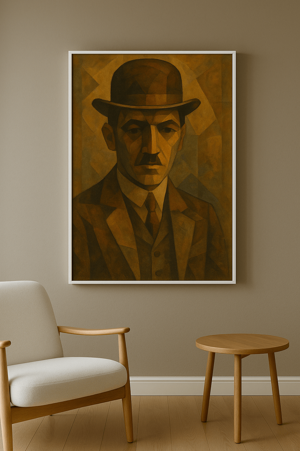 De Zwerver met Schaduwgrijns wanddecoratie in interieur, witte lijst