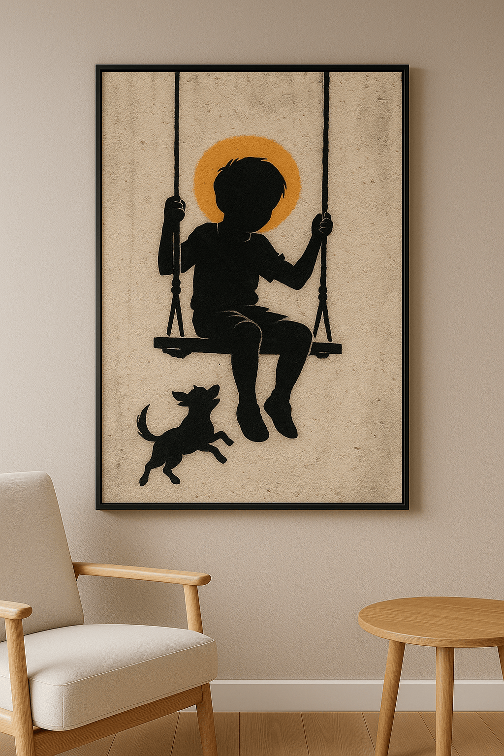 Swing of Innocence and Silence wanddecoratie in interieur, zwarte lijst