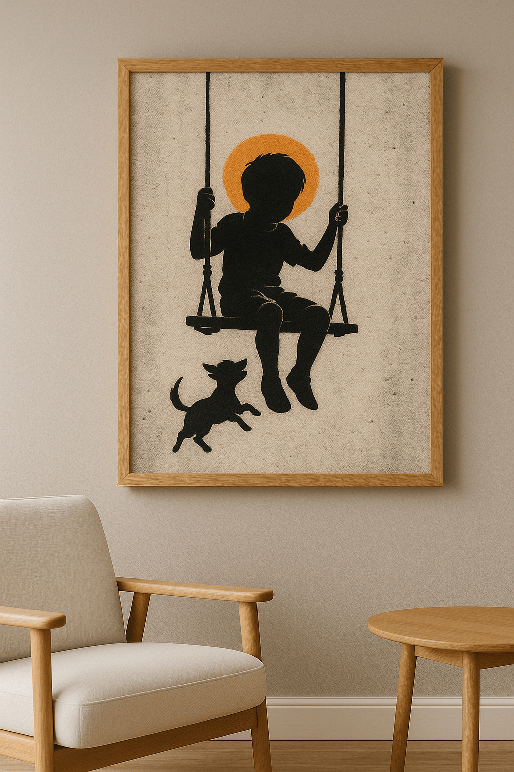 Swing of Innocence and Silence wanddecoratie in interieur, eikenhouten lijst