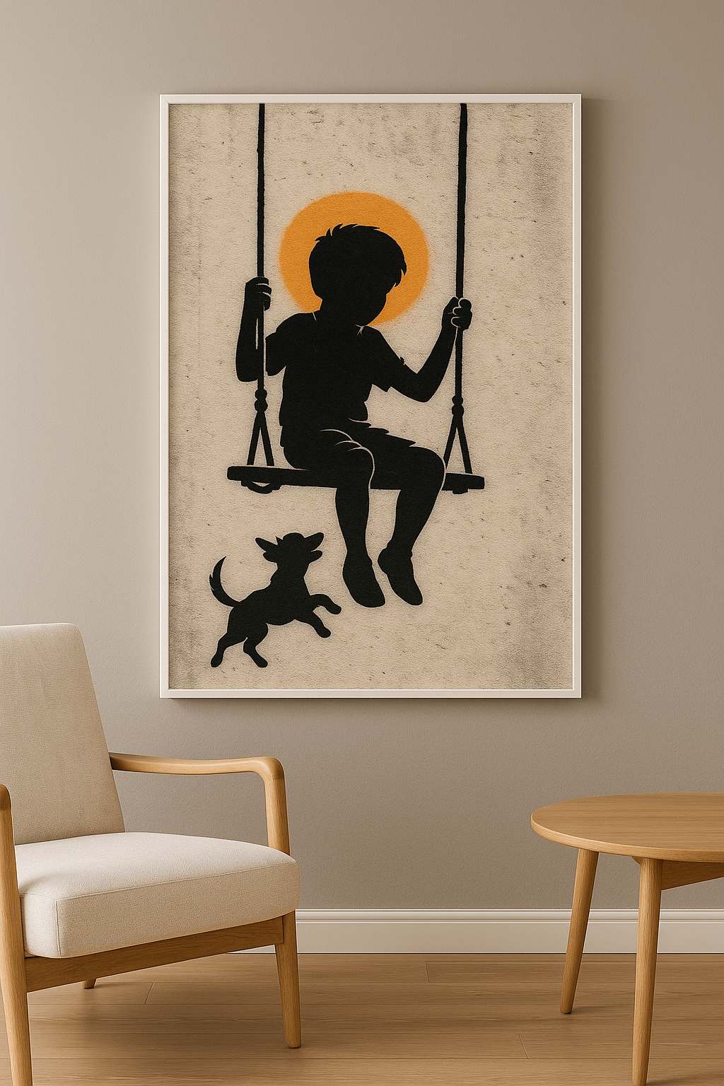 Swing of Innocence and Silence wanddecoratie in interieur, witte lijst
