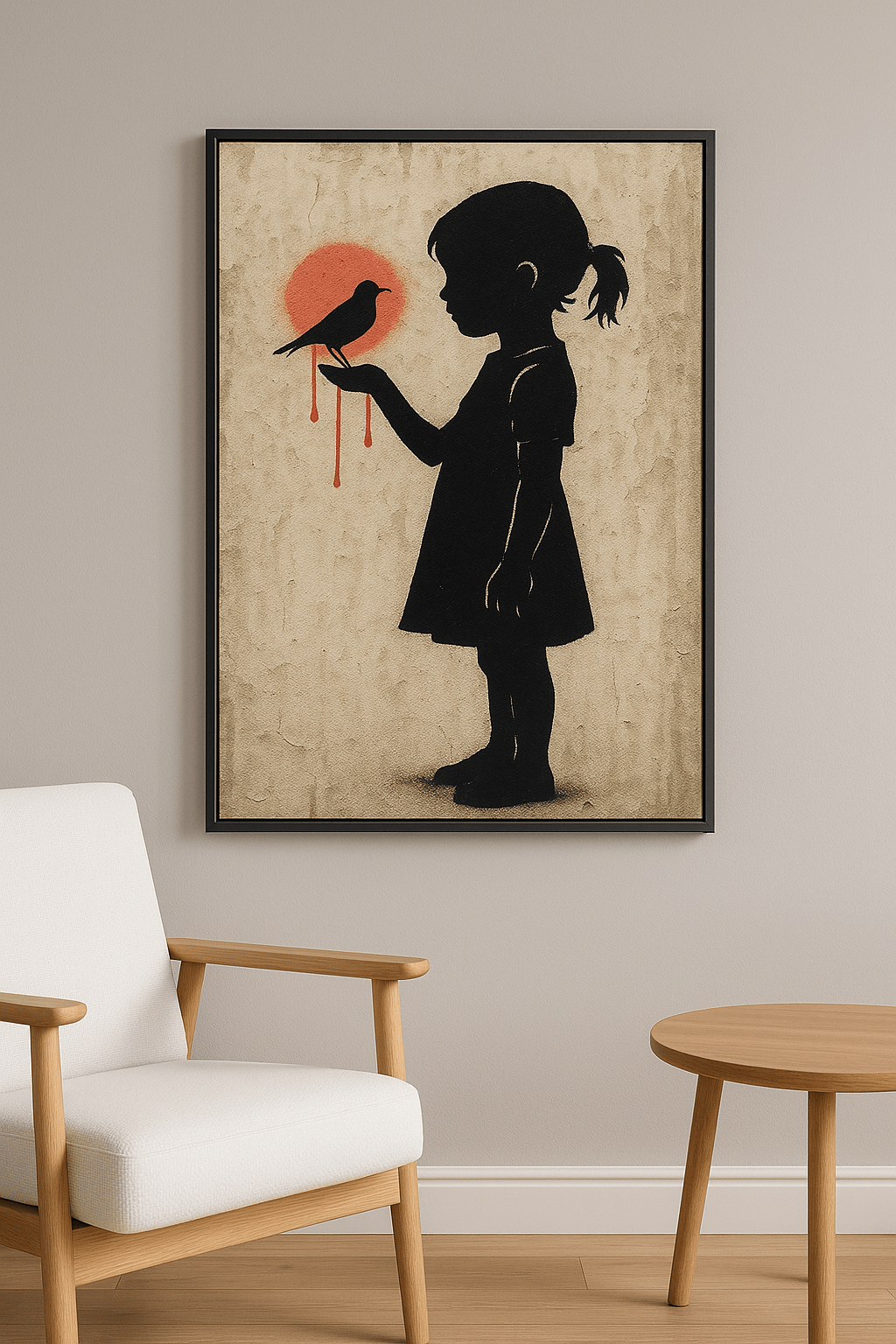 Scarlet Dove Silence wanddecoratie in interieur, zwarte lijst